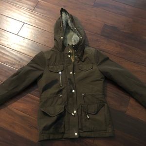 Top shop jacket with hooded fur .. super cute  never worn. Size US 2. Brown